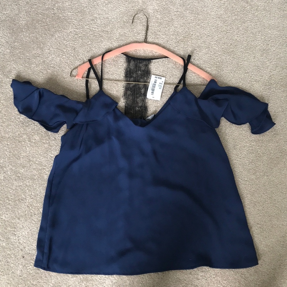 Blue and black silk and lace top (cold shoulder)